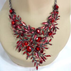 Red Necklace BriLove Crystal Blossom Floral  Leaf Collar Matching Earrings Set